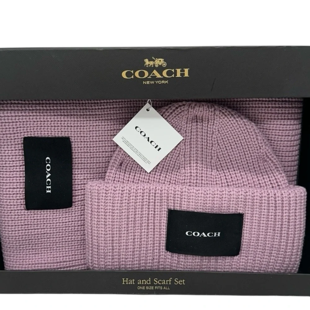 Coach Pink Knit Woven Beanie & Oversized Scarf Set Wool Blend Gift Set NWT $225 - Picture 2 of 5